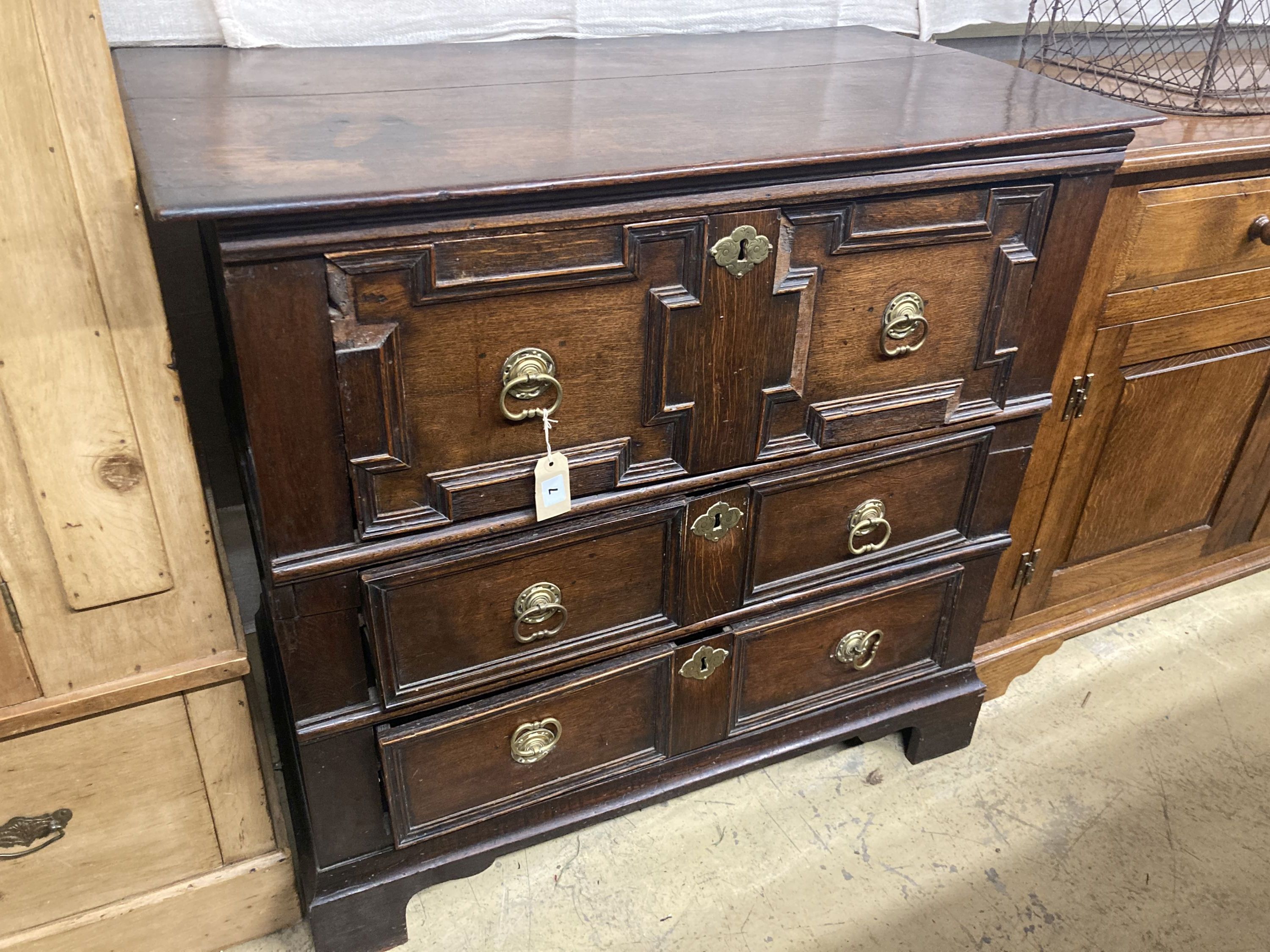 A small late 17th century oak chest, width 96cm, depth 53cm, height 90cm